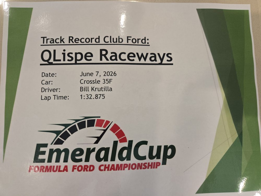 Emerald Cup track record certificate: Club Ford, Qlispé Raceway Park, June 7 2026, Crosslé 35F, Bill Krutilla, 1:32.875